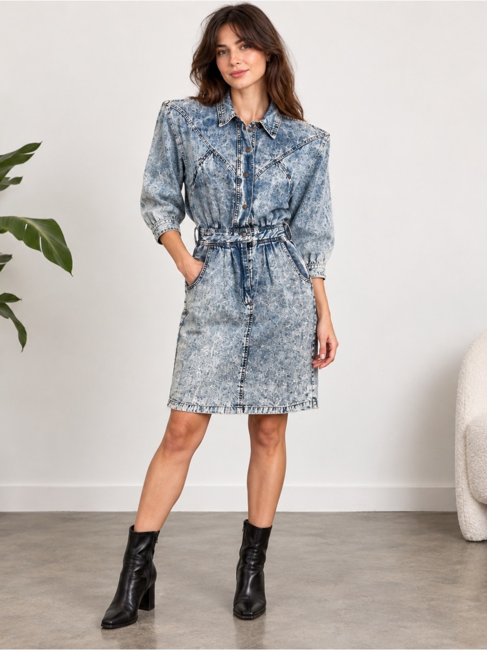 Vintage Acid Wash Denim Dress Womens Size 5 Pockets Shoulder Pads Punk Rock